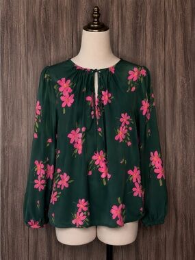 Boden Green Long-Sleeve Tie-Neck Blouse with Hot Pink Floral Print